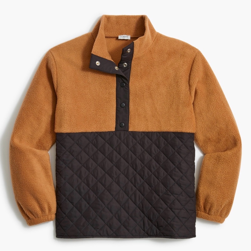 J.Crew Sherpa Fleece Pullover Large Blk Brown Quilted Half Bttn Cozy Fall Jacket